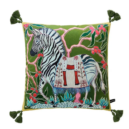 Vibrant green decorbites chinoiserie zebra cushion cover with embroidered zebra, patterned blanket, and peonies design
