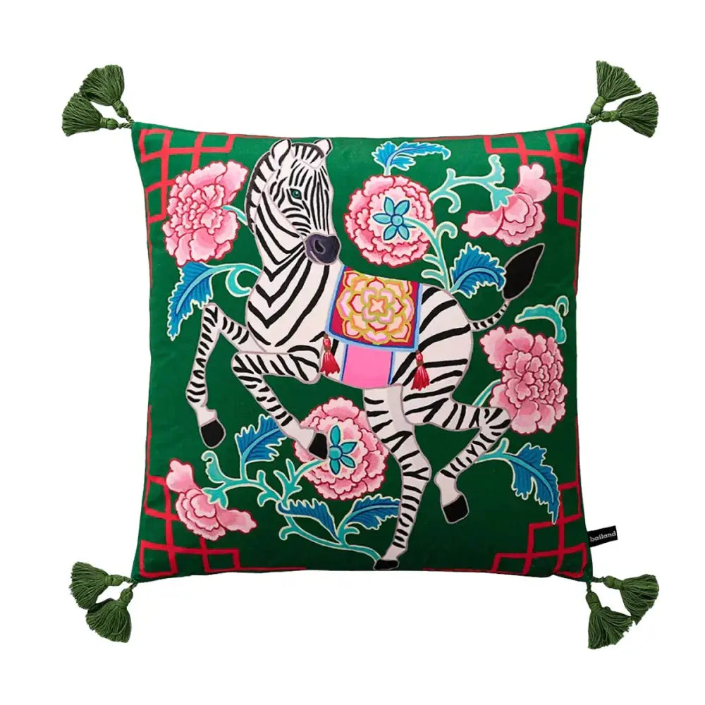 Vibrant green velvet decorbites chinoiserie zebra cushion cover with embroidered zebra peonies and dark green tassels