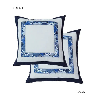 Square pillow cover with white center, blue embroidered patterns, and navy border from DecorBites™ throw pillow covers