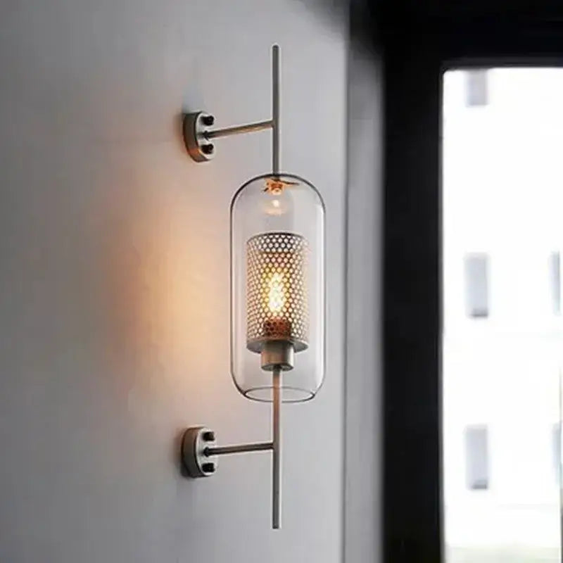 Decorbites™ chiswick glass wall light sconce with clear glass cylinder edison bulb and brushed brass arms