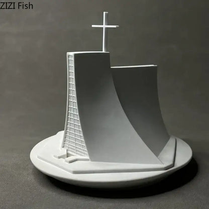 White 3d-printed decorbites christian church gypsum ornament with geometric design and cross for home decor use