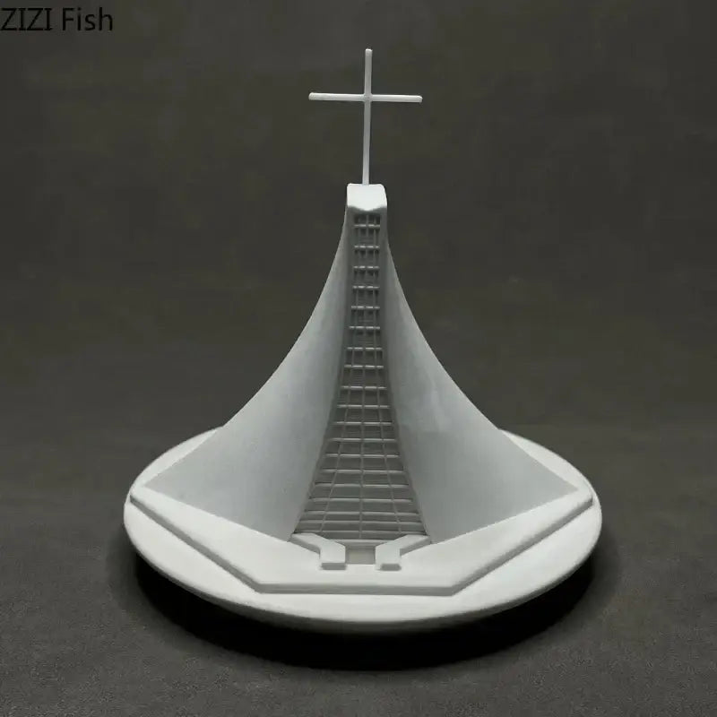White 3d-printed decorbites christian church gypsum ornament of modernist luce chapel with curved walls and cross on circular base