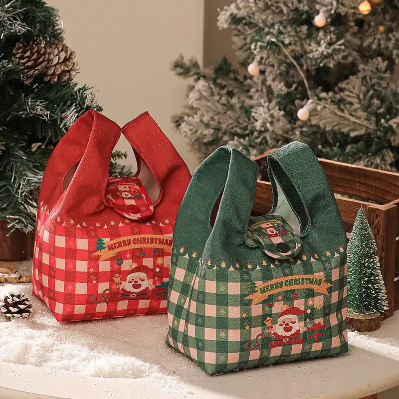 Decorbites christmas apple handheld red and green checkered canvas gift bag with santa illustrations and merry christmas banners