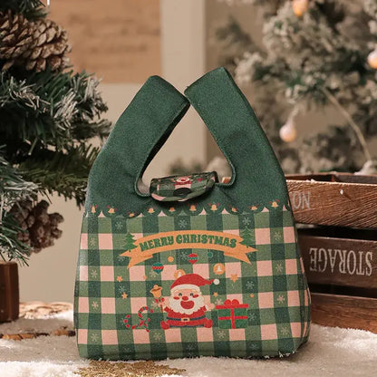Decorbites christmas apple insulated lunch bag in green and pink plaid with santa claus design gift bag for holidays