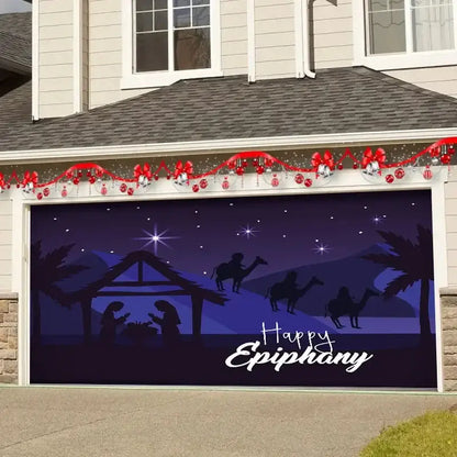Decorbites christmas backdrop blue nativity scene garage door decal with red ribbon border festive christmas backdrop cloth