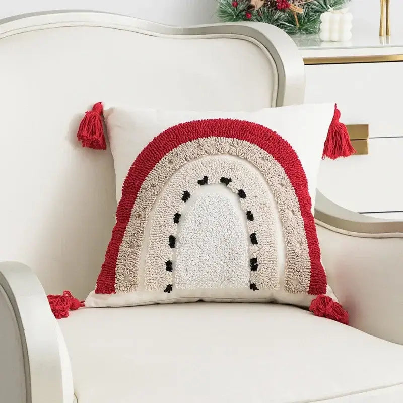 Decorbites christmas bell red geometric tufted pillow cover with hand-punched rainbow design and red tassels for holiday decor