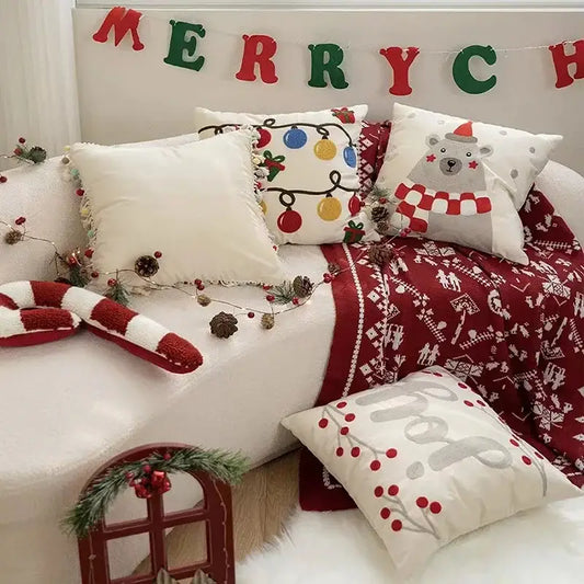 White plush pillow cover with embroidered red berries and gray branch decorbites christmas bell red design