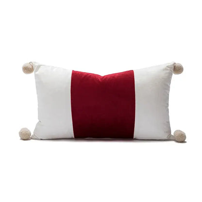 A decorbites christmas bow patchwork velvet pillow cover set with red white stripes and beige pom-poms for festive decor