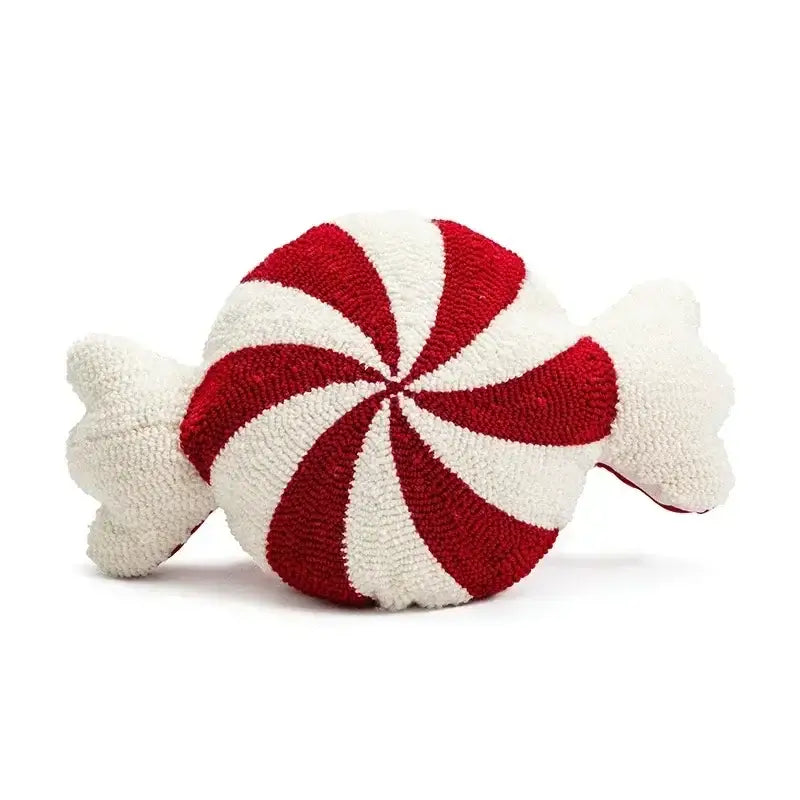A plush red and white peppermint christmas candy cushion with a textured tufted surface by decorbites christmas candy
