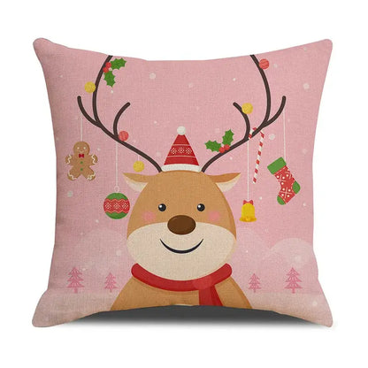 Pink decorbites christmas cartoon linen throw pillow featuring a festive cartoon animal deer with ornaments on antlers