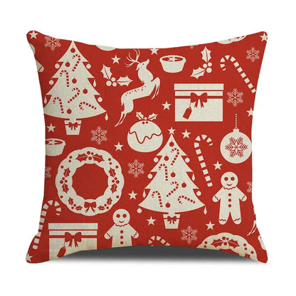 Red throw pillow with white christmas cartoon animal patterns by decorbites christmas cartoon linen for festive decor