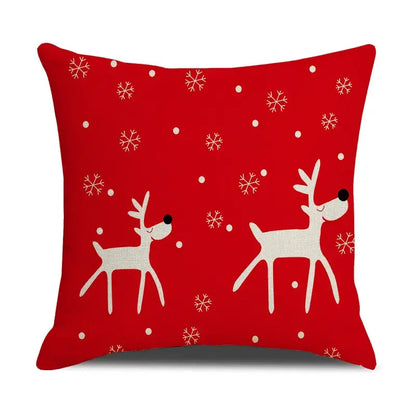 Red cushion with white reindeer and snowflake patterns in decorbites christmas cartoon animal linen pillowcase design