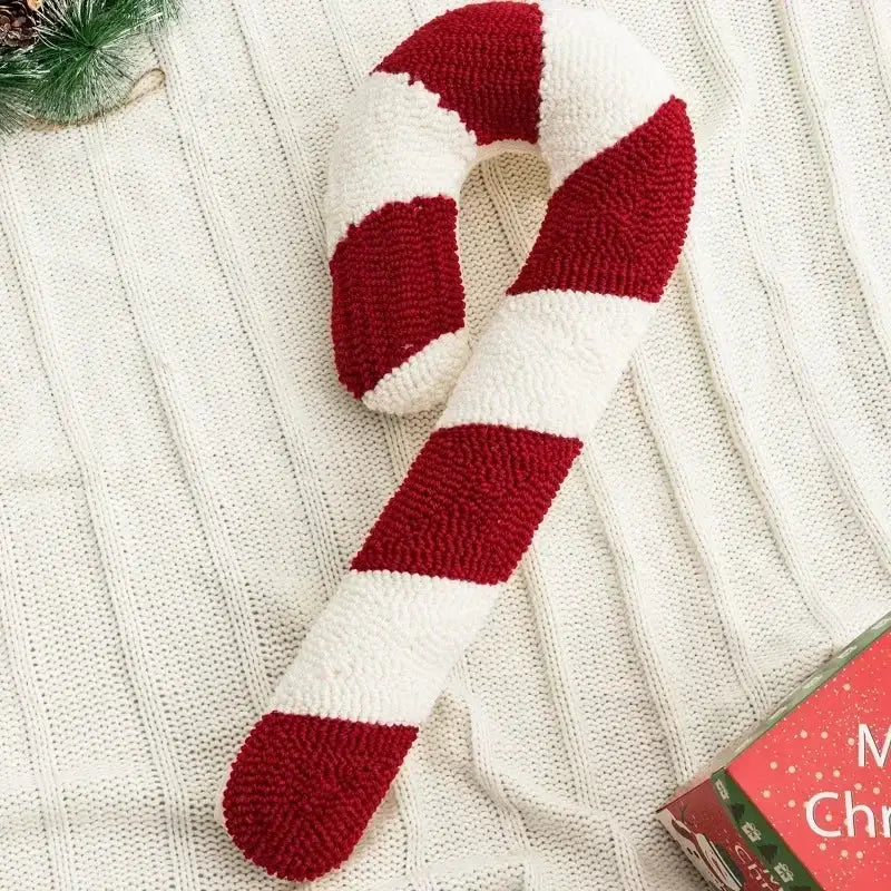 Decorbites christmas cartoon cushion cover featuring a cozy hand-knitted red and white candy cane design