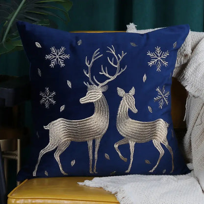 Deep blue velvet pillow cover with silver metallic embroidery of two deer and snowflakes for decorbites christmas cartoon festive decor