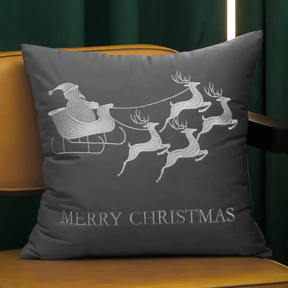 Gray pillow cover with DecorBites Christmas cartoon embroidered design of Santa sleigh and merry Christmas text