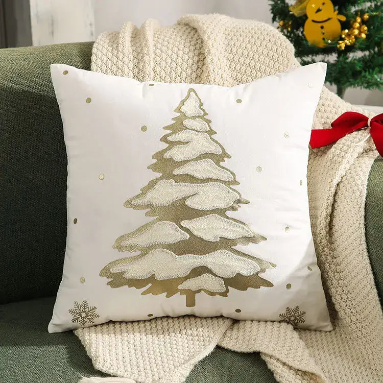 White pillow cover with gold embroidered christmas tree snowflakes and metallic dots decorbites christmas cartoon design