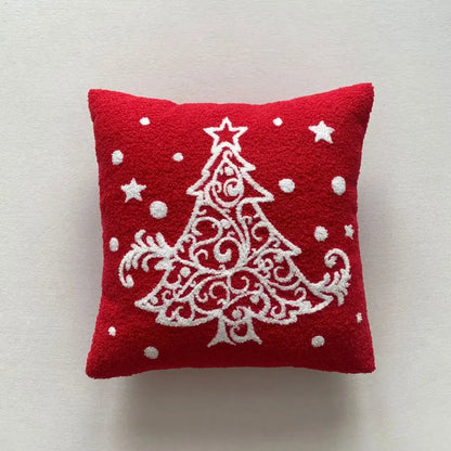 Red felt embroidered pillow featuring a white ornate christmas tree from decorbites christmas cartoon embroidered set