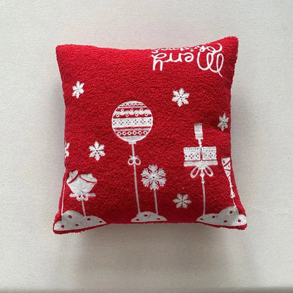 Red decorbites christmas cartoon embroidered pillow featuring white snowflakes ornaments and gift boxes for holiday decor