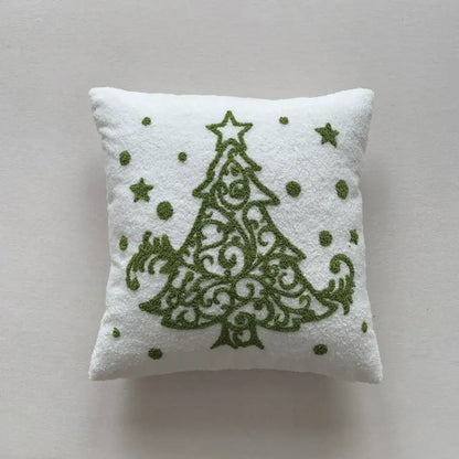White plush pillow cover with embroidered olive green christmas cartoon tree and stars by decorbites christmas cartoon