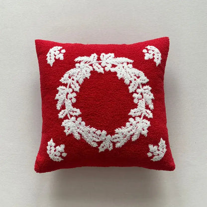 Red cushion pillow cover with white embroidered wreath design for decorbites christmas cartoon festive sofa decor
