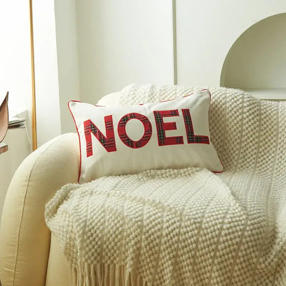 White rectangular pillow cover with red plaid noel lettering and stitched border decorbites christmas cartoon letter design