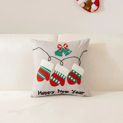 Gray pillow cover with decorbites christmas cartoon letter embroidery of red and green mittens and happy new year text