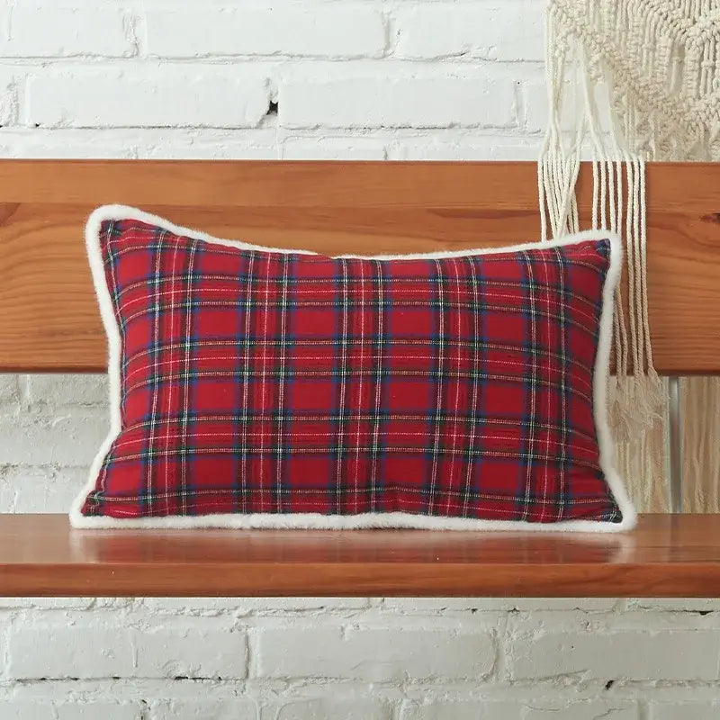Red plaid pillow cover with white faux fur trim decorbites christmas cartoon letter festive sofa cushion