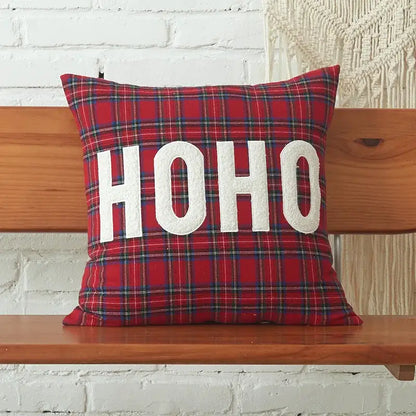 Red plaid pillow cover with white ho ho lettering from decorbites christmas cartoon festive sofa cushion collection