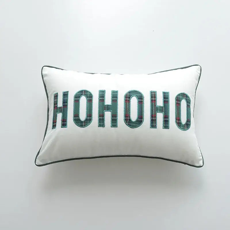 White rectangular pillow cover with ho ho ho embroidered in green and red plaid fabric by decorbites christmas cartoon letters