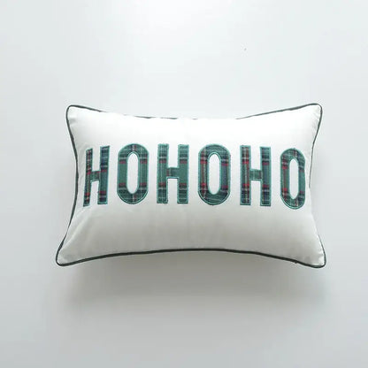 White rectangular pillow cover with ho ho ho embroidered in green and red plaid fabric by decorbites christmas cartoon letters