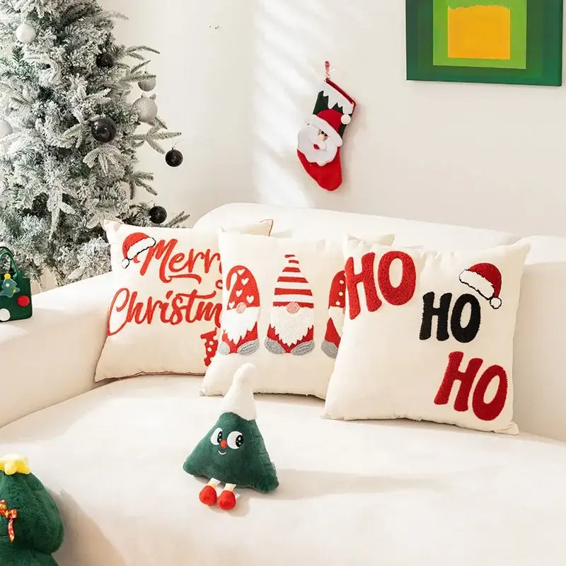 White christmas-themed pillow cover with red and black embroidered decorbites christmas cartoon letter and santa hat designs