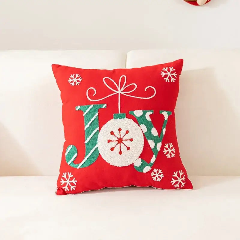 Red holiday pillow cover with green and white embroidered joy and festive ornament by decorbites christmas cartoon
