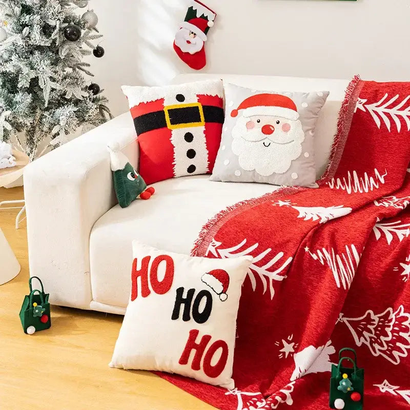 DecorBites christmas cartoon pillow cover with red and white plush throw blanket featuring embroidered pine trees