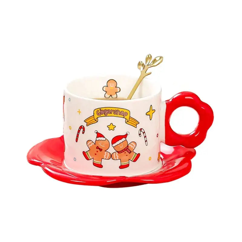 A festive white decorbites christmas ceramic tea set featuring christmas ceramic santa mug with red flower handle and saucer