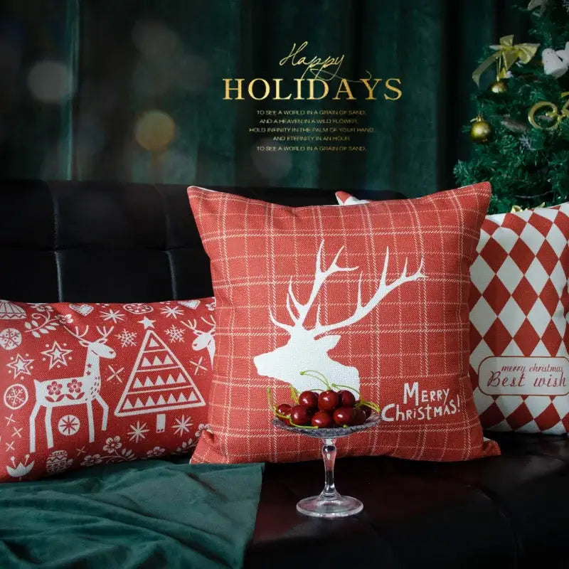 Red plaid decorbites christmas cotton linen pillowcase with white reindeer silhouette and merry christmas text for sofa decor