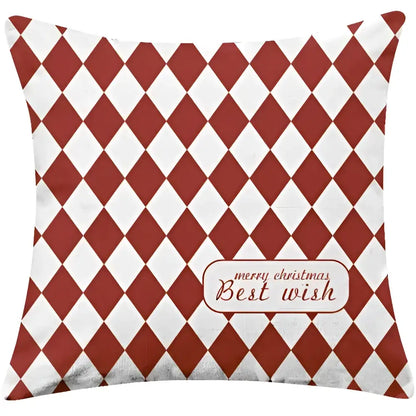 Red and white diamond-patterned decorbites christmas cotton linen pillowcase with merry christmas best wish text in oval frame