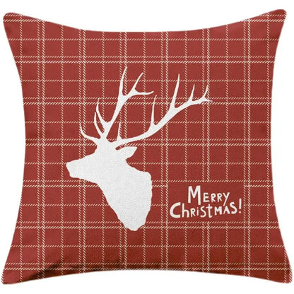 Red plaid decorbites christmas cotton linen pillowcase with white deer silhouette and merry christmas text for sofa cushion cover