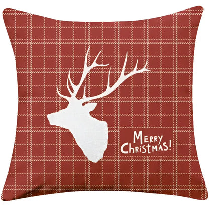 DecorBites Christmas cotton linen pillowcase red plaid cushion with white deer silhouette and merry christmas text