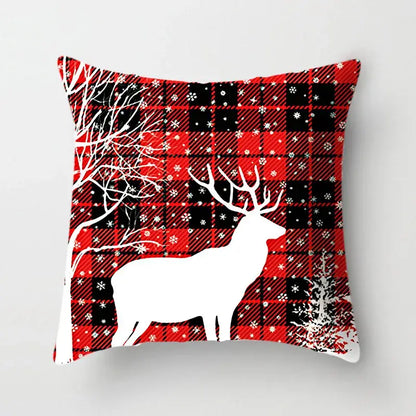 Decorbites christmas cushion cover 45x45cm red and black plaid with white deer silhouette for sofa and holiday decor