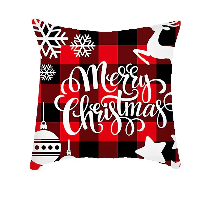 DecorBites Christmas cushion red and black plaid cushion cover with white snowflakes reindeer for sofa decor