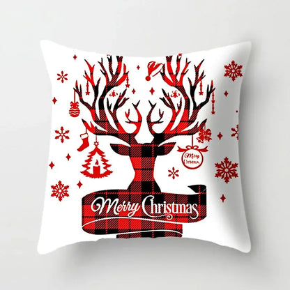White decorbites christmas cushion cover featuring red and black plaid deer with ornaments and merry christmas text