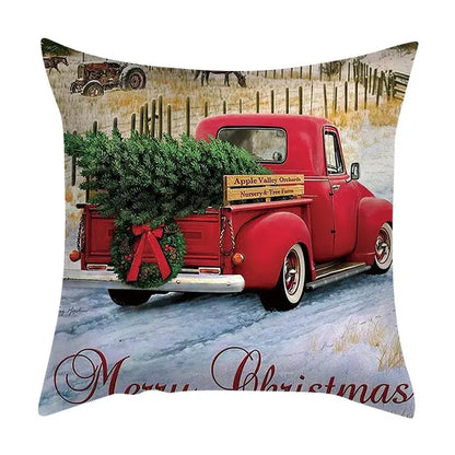 Decorbites christmas cushion cover set featuring red vintage pickup truck with christmas tree and wreath design