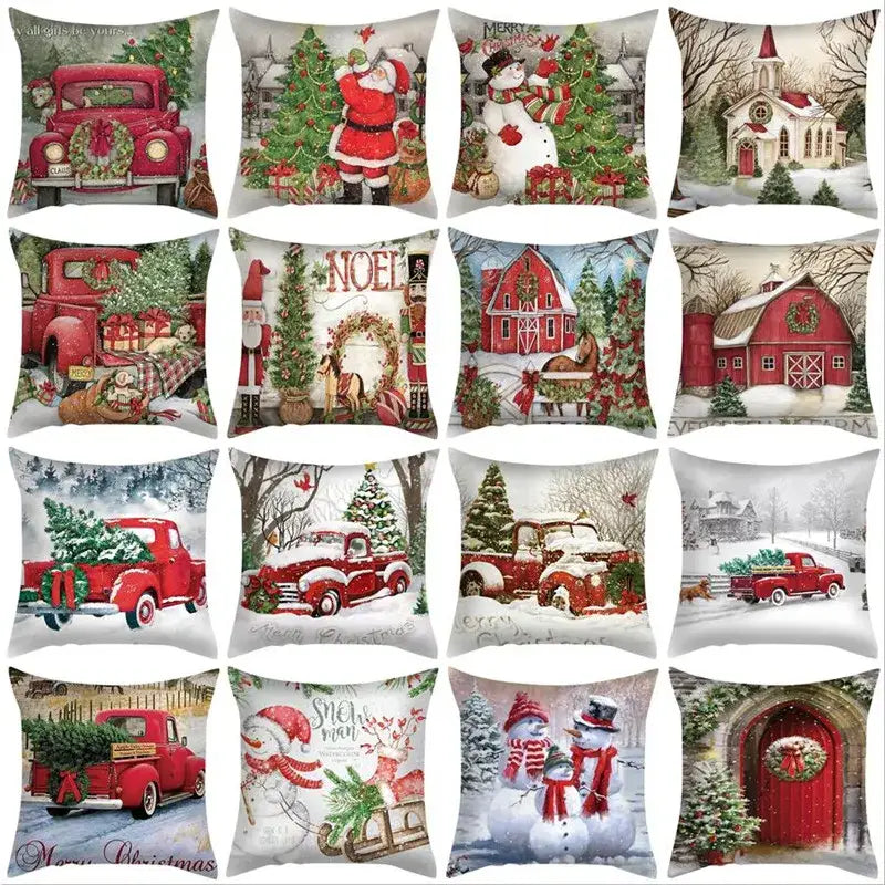 Decorbites christmas cushion set featuring red vintage truck christmas cushion cover with festive holiday scenes
