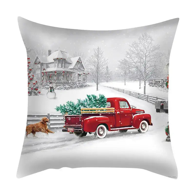 Decorbites christmas cushion cover set featuring a red vintage pickup truck carrying a christmas tree in snow