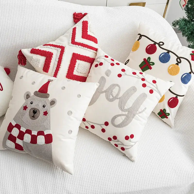 White christmas-themed embroidered throw pillows with festive designs in decorbites christmas day pillowcase set