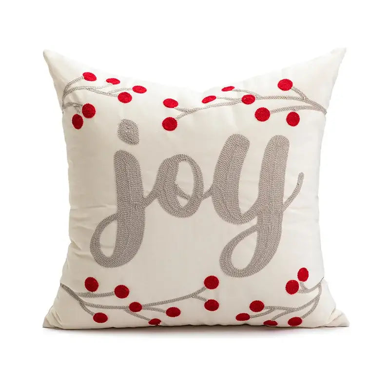 Cream-colored decorbites christmas day embroidered pillowcase with joy in silver thread and red berry accents for sofa decor