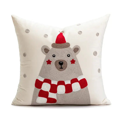 Cream-colored decorbites christmas day pillowcase with embroidered bear in santa hat and silver sequin snowflakes