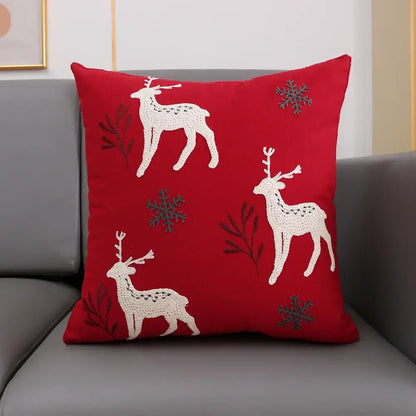 Red cushion cover with embroidered white reindeer and gray snowflakes for decorbites christmas décor 45x45cm