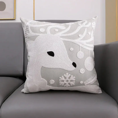 Soft gray decorbites christmas cushion cover with white embroidered reindeer snowflakes green red accents 45x45cm