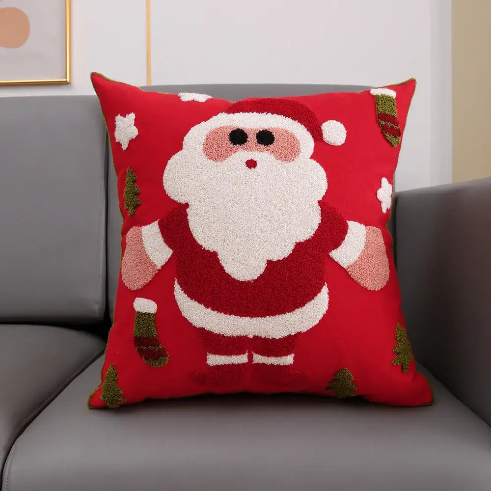 Red christmas-themed cushion cover with plush embroidered santa claus by decorbites christmas décor 45x45cm